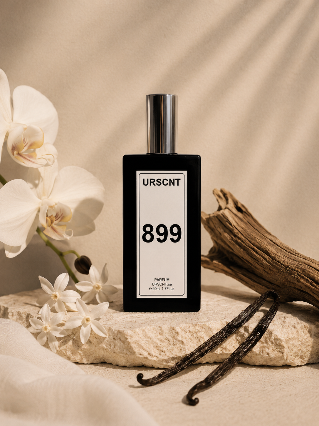 Perfume bottle labeled 'URSCNT 899'  inspired by Brazilian Crush Cheirosa 40 with vanilla beans and orchids on a neutral background