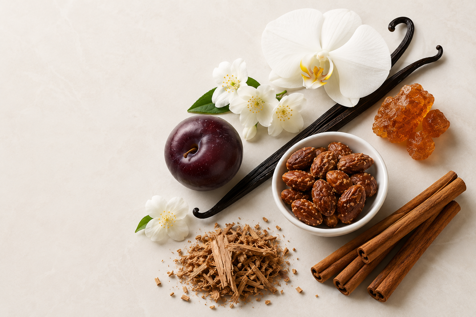 Spices and ingredients including vanilla beans, cinnamon sticks, a plum, and a bowl of raisins on a light background.