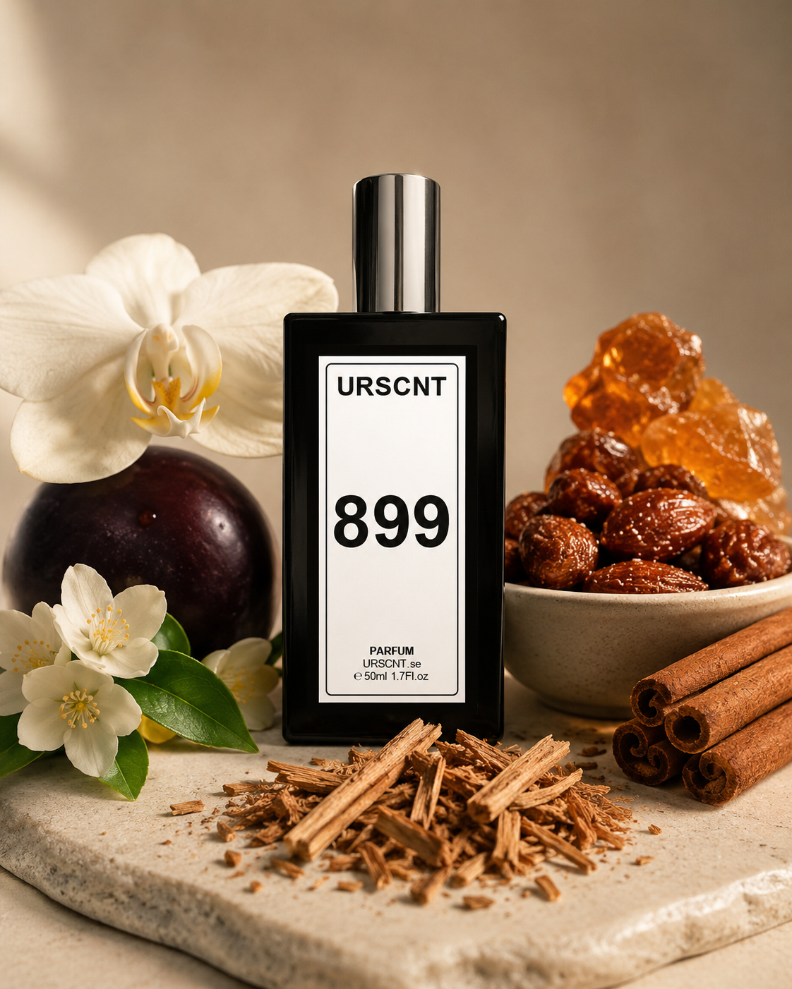 Perfume bottle labeled 'URSCNT 899' inspired by  Brazilian Crush Cheirosa 40 with ingredients like cinnamon and fruit on a neutral background